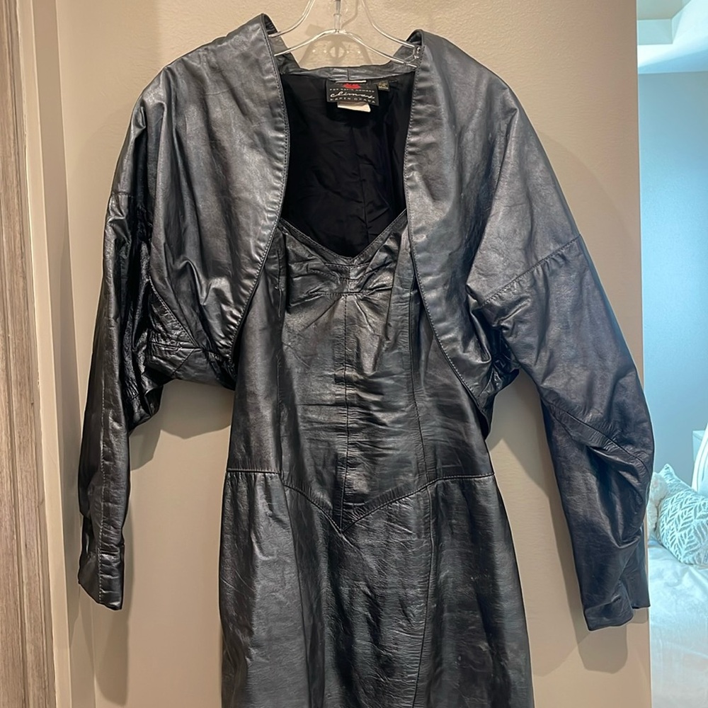 Vintage 80’s leather bustier dress with shoulder pad jacket to match by Climax